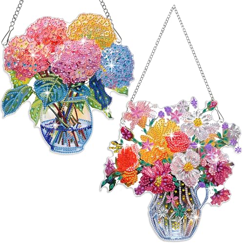 Muzagroo Art Flowers 5D Diamond Art Kit for Adults, DIY Special Shaped Diamond Art Hanging Ornament for Windows, Crystal Window Hanging Pendant Ornament 2PCS (Flower) - color: Flower