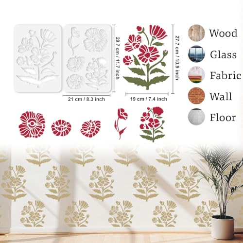 6 Styles Poppy Flower Stencils for Painting, 11.7"x8.3" Reusable Floral Stencil Drawing Templates, DIY Craft Paint Templates for Wall Home Decor Wood Burning Canvas Journal Card - style: Flower