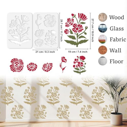 6 Styles Poppy Flower Stencils for Painting, 11.7"x8.3" Reusable Floral Stencil Drawing Templates, DIY Craft Paint Templates for Wall Home Decor Wood Burning Canvas Journal Card - style: Flower