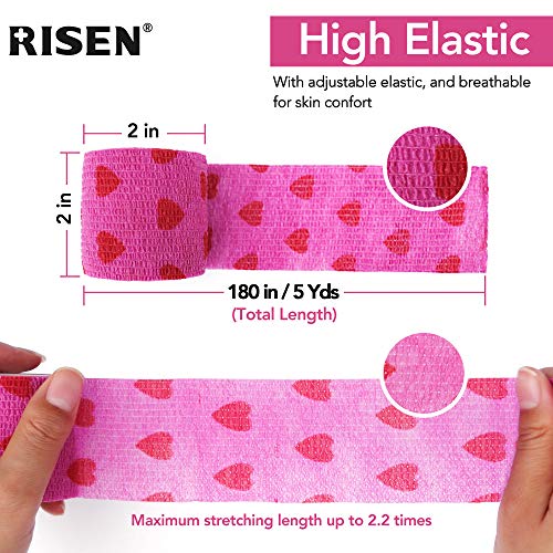 RISEN Cohesive Bandage 2” x 5 Yards, 6 Rolls, Self Adherent Wrap Medical Tape, Adhesive Flexible Breathable First Aid Gauze Ideal for Stretch Athletic - color: Rose Red Heart, size: 6 Count (Pack of 1)