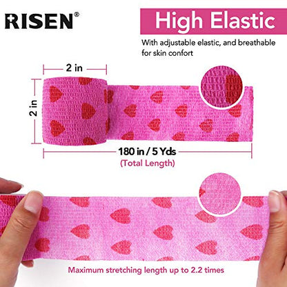RISEN Cohesive Bandage 2” x 5 Yards, 6 Rolls, Self Adherent Wrap Medical Tape, Adhesive Flexible Breathable First Aid Gauze Ideal for Stretch Athletic - color: Rose Red Heart, size: 6 Count (Pack of 1)
