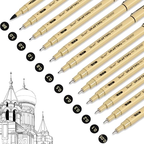 SUIN 12 Pack Black Fineliner Pens, Waterproof Drafting Pens with Assorted Micro Tips & Brush, Professional Multiliner Ink Pens for Technical Drawing, Anime Sketching, Architecture & Adult Art