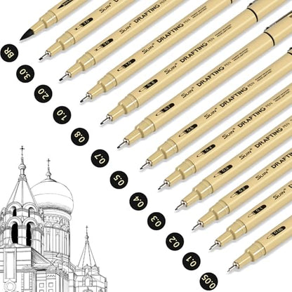 SUIN 12 Pack Black Fineliner Pens, Waterproof Drafting Pens with Assorted Micro Tips & Brush, Professional Multiliner Ink Pens for Technical Drawing, Anime Sketching, Architecture & Adult Art