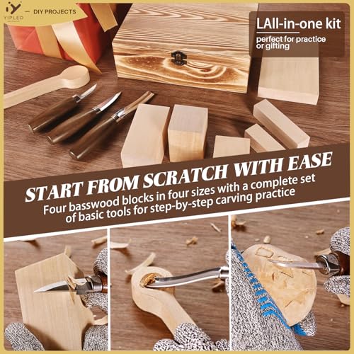 Wood Carving Kit for Beginners, Wood Carving Tools with 3Pcs Whittling Knife 7Pcs Basswood Carving Blocks, Grade 5 Anti Cutting Gloves, Leather Strop, Polishing Compound, Entry-Level Carving Gift Set