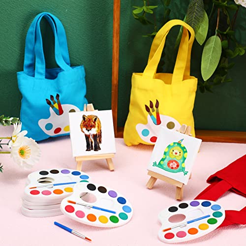 Seajan 12 Set Mini Watercolor Paint Set Include 3 x 3'' Mini Canvas Wood Easel 12 Colors Watercolor Paints and Canvas Tote Bags for Easter Classroom Art Party Favors Painting Beginner