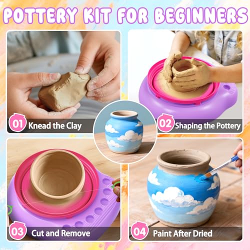 Weilim Pottery Wheel for Kids Beginners, Air-Dry Clay & Paint Kit Ages 6-12 | 3 Clay Packs, 14 Paint Colors, Sculpting Tools, Brushes, Palette,Apron; Gentle Beginner Spin, USB Rechargeable, No Oven - color: Purple