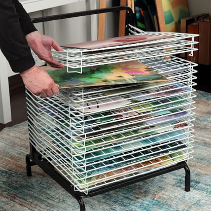 Creative Mark Stack N Dry Floor Art Drying Rack, Mobile Art Rack Stand on Wheels with 20 Coated Metal Spring-Loaded Shelves, for Watercolor, Prints, Paper and Canvas Storage