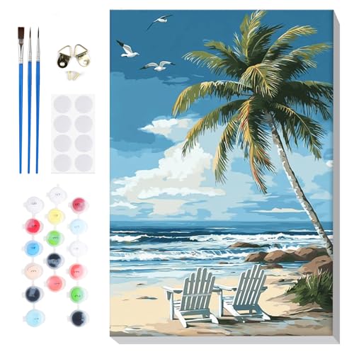 Bowetile Framed Paint by Numbers Landscape Kit for Adults, Adults' Paint-by-Number Kits on Canvas, Vacation Painting by Numbers Beach, Acrylic Number Painting Gifts for Home Wall Decor, 8x12in - color: Landscape, Beach, Vacation