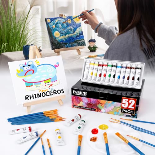 ESRICH 52PCS Acrylic Painting Kits for Adults and Couples | Sip and Paint Kit for Date Night and Crafts, Painting Set with Canvas and Easels, Palettes, Brushes - color: 24