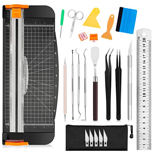 Famomatk 23PCS Weeding Tools for Vinyl, Craft Weeding Tools Set with 12Inch Paper Cutter and Trimmer for Scrapbooking,Silhouettes,Cameos,Lettering,Cutting,Craft Paper, Labels and Cardstock(Black) - color: Black
