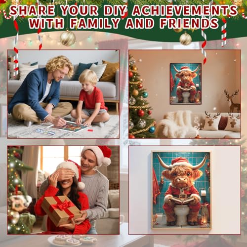 Ohhvvow Diamond Painting Kit - Highland Cow Christmas Toilet Reader, Whimsical Bathroom Art, 5D Full Drill Round Diamonds & Tools, Holiday DIY Craft Gift for Women Men - color: Cow on the toilet