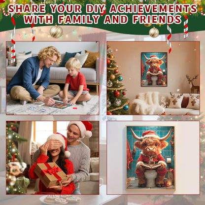Ohhvvow Diamond Painting Kit - Highland Cow Christmas Toilet Reader, Whimsical Bathroom Art, 5D Full Drill Round Diamonds & Tools, Holiday DIY Craft Gift for Women Men - color: Cow on the toilet
