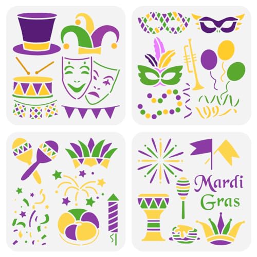 FINGERINSPIRE 4PCS Mardi Gras Painting Stencil 7.9x7.9inch Large Drums Balloons Colorful Ribbons Drawing Template Musical Instruments Flags Stencil for Painting Reusable Mardi Gras Words Template - color: Mardi Gras