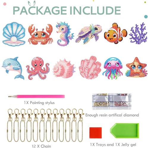 12 PCS Diamond Art Keychain Kits, DIY Diamond Painting Crafts, Beginner Art Kit, Arts & Crafts Gift - color: Marine Animals, size: Animals