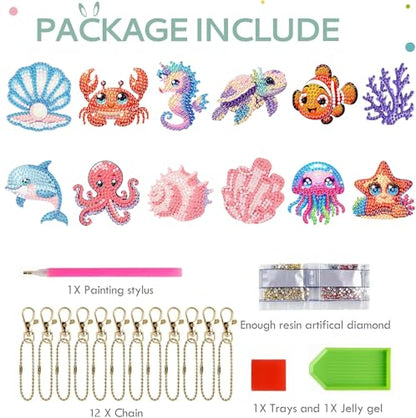 12 PCS Diamond Art Keychain Kits, DIY Diamond Painting Crafts, Beginner Art Kit, Arts & Crafts Gift - color: Marine Animals, size: Animals
