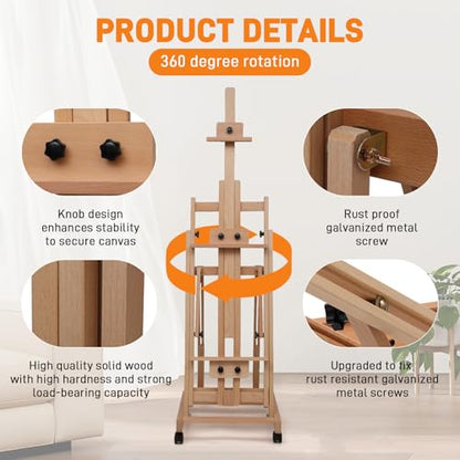 Foldable Large H-Frame Easel, Multi-Functional Adjustable Artist Easel, Large Easel for Painting, Adjustable in Angle and Height, Capable of Accommodating Two Canvases and Sketches, Home Art Creation