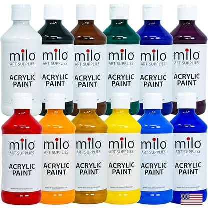 milo Acrylic Paint Set, 12 Primary Colors, 8 oz Bottles, Semi-Gloss | Safe, Non-Toxic, Made in the USA, Arts & Crafts Paints for Artists, Student & Hobby Painters, Paint Pack, Classroom, Bulk - style: Primary Set 12 x 8 oz