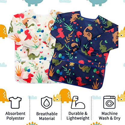CUBACO Kids Painting Apron, 2pcs Waterproof Art Smocks For Child 3-8 Years, Kids Smocks for Painting Aprons with Long Sleeve - color: Dinosaur