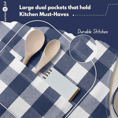 Native Fab Kitchen Apron 2 Pack - 100% Cotton Adjustable, Durable Apron with Pockets, Perfect for Cooking, Baking, Grilling - color: Buffalo, Navy Blue