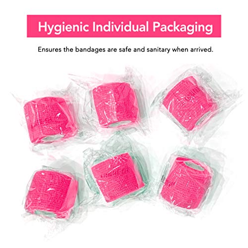 RISEN Cohesive Bandage 2” x 5 Yards, 6 Rolls, Self Adherent Wrap Medical Tape, Adhesive Flexible Breathable First Aid Gauze Ideal for Stretch Athletic (Pack of 2) - color: Neon Pink, size: 6 Count (Pack of 2)