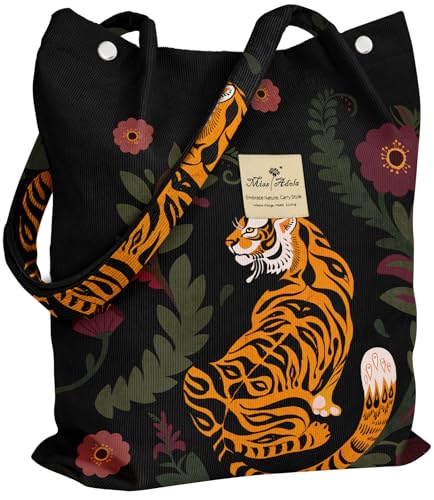 Miss Adola Corduroy Tote Bag for Women with Aesthetic Design | Magnetic Buckle & Pocket, Reusable, Soft, Roomy, Long Shoulder Handles, Double-sided Print, Casual Daily Work, Grocery Bags - color: Tiger Flower
