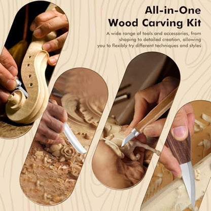 Wood Carving Kit Deluxe, 35-in-1 Whittling Kit for Beginners, With 8PCS Whittling Knives & 12PCS Detail Wood Carving Knives, Black Walnut Wood Handle, Wood Carving Kit for Beginners and Enthusiasts