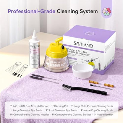 SAVILAND All-in-1 Airbrush Cleaning Kit: 240 ml Fast Airbrush Cleaner Low Odor & Needles Kit 3-in-1 Airbrush Cleaning Pot Easily Handle Water-Based & Acrylic Airbrush Paint Nail Art Painting Tools - color: White-Grey