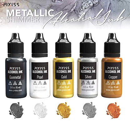 Metallic Alcohol Ink Set, Gold, Silver, Gunmetal, Copper, Pearl, Metallic Mixatives with Extreme Shimmer for Alcohol Ink Paper, Large 0.5 Ounce Inks - color: Metallics
