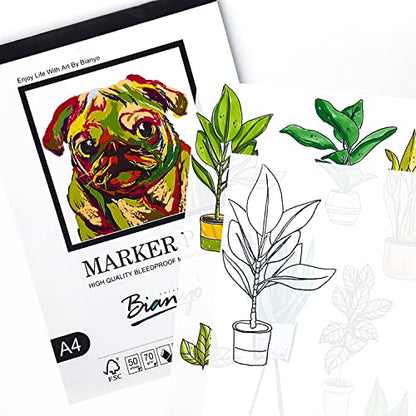 Bianyo XL Bleedproof Marker Paper Pad, A3(11.69"X16.54"), 50 Sheets, 18 LB / 70 GSM, Glue-Bound, 100% Cotton, White, Ideal for Use with Markers and Ink Mediums - size: A3(11.69*16.54"), 50 sheets