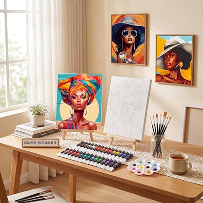 Cholemy 36 Pcs Paint and Sip Kit Gift for Adults 8''x10'',African Women | Pre Drawn Canvas, Painting DIY Afro Acrylic Painting Kit, Wood Easel Brushes, Date Night Bulk, Summer Halloween Party - style: African Women
