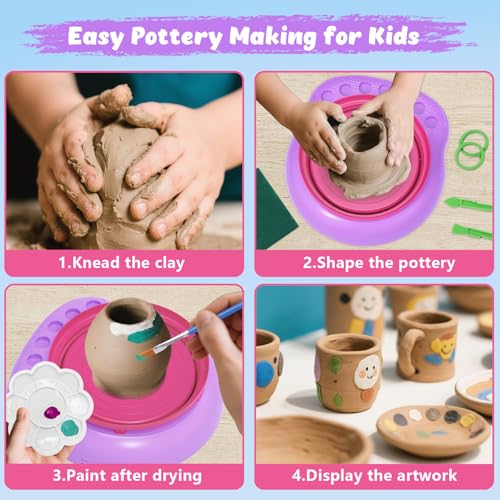 Pottery Wheel for Kids with Air Dry Clay Kit, 12 Paints & Tools, Ages 6-12 | No kiln needed: shape on the electric wheel, air-dry & paint. Gentle beginner speed; kit adds 3 clay packs, tools & apron - color: pink/purple