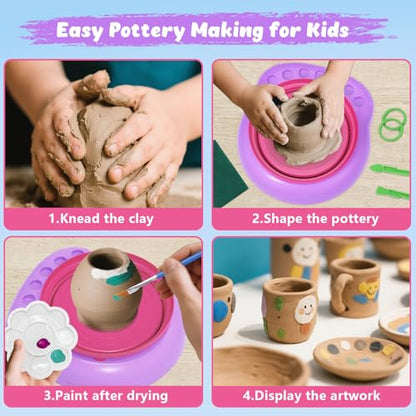 Pottery Wheel for Kids with Air Dry Clay Kit, 12 Paints & Tools, Ages 6-12 | No kiln needed: shape on the electric wheel, air-dry & paint. Gentle beginner speed; kit adds 3 clay packs, tools & apron - color: pink/purple