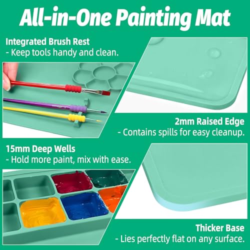 Silicone Painting Mat, 23.6x15.8in Art Drawing Mat with Brushes | For children DIY art watercolor clay use, table protection craft mat, painting station with cup palette cleaning cup, green - color: Green