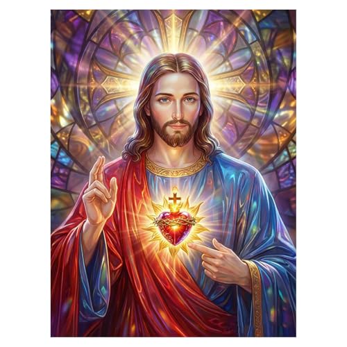 Jesus Diamond Art Kits for Adults Beginners 12x16 IN, DIY Craft Gift | Sacred Heart of Jesus Diamond Painting Kits for Adults, Stress Relief, Home Wall Decor, 5D Full Round Drill Gem Art - color: DP-US07