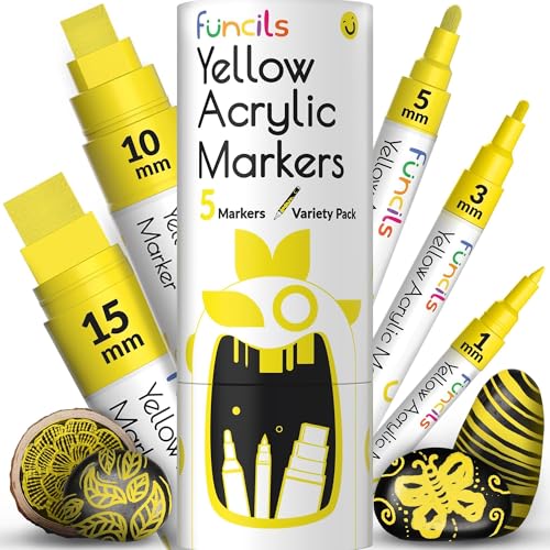 5 Yellow Paint Markers - Acrylic Paint Pen for Canvas, Wood, Metal | Extra Fine Tip, Thin & Jumbo (1mm, 3mm, 6mm, 10mm, 15mm) - Marker for Fabric, Rock Painting, Glass Markers - Water-based ink - color: Yellow