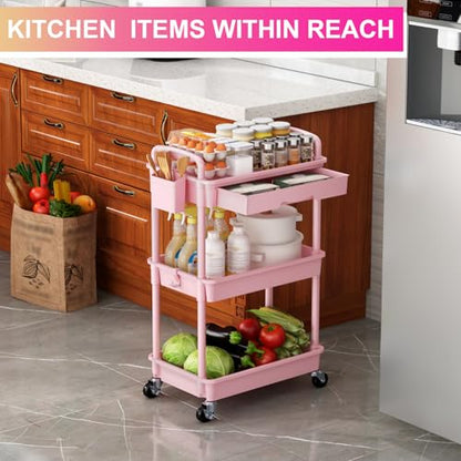 Goovilla 3 Tier Rolling Utility Cart Organizer with Removable Drawer, Pink | Stable and Sturdy Rolling Storage Carts with 2 Lockable Wheels for Bathroom, Kitchen, Snack, Craft, Makeup, Baby Essentials - size: 3 Tier, style: Pink