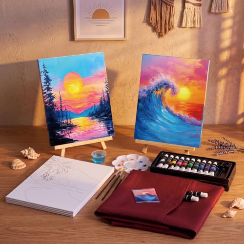 Cholemy 6 Set Paint and Sip Kit for Adults 8"x 10" Pre Drawn Canvas Painting with Wooden Easel Acrylic Paint Wash Cup Brushes Palette Apron for Painting DIY Adult's Date Party Supplies(Sunset Glow) - style: Sunset Glow