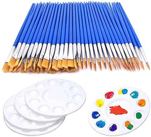 65Pcs Paint Brushes Palettes Set,60pcs Flat Round Paint Brush 5 PCS Paint Trays for Kid Classroom Crafts Small Paint Brushes Bulk for Acrylic Oil Watercolor Canvas Face Rock Painting Party Painting