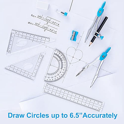 Math Geometry Kit Set 10 Pieces with Shatterproof Storage Box, Student Supplies Drawing Compass Includes Protractor, Rulers, Compass, Pencil Sharpener, Lead Refills, Pencil, Eraser(Blue)