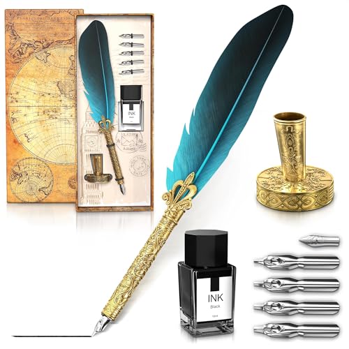 Lagarto Feather Pen and Ink Set, 11.4", 6 Steel Nibs, Inkwell (Blue) | Quill Pen and Ink Set, Beginner Calligraphy Dip Kit with Antique Handle, Gift Box; for Signatures, Letters and Vintage Decor - color: Blue