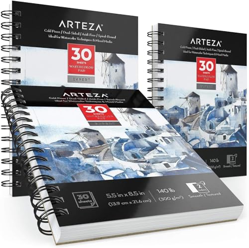 ARTEZA Watercolor Paper, Pack of 3, 30 Sheets Each, 5.5x8.5 Inches Water Pad, Spiral Bound, 140lb/300gsm Cold Press, Acid Free Art Paper - color: White Expert