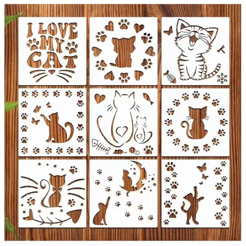 9-Piece Cat & Paw Print Drawing Stencils, 5.9x5.9 Inch Reusable Painting Templates for Wood, Rocks, Fabric, Glass, Ceramics, Scrapbooking, Card Making, and Home