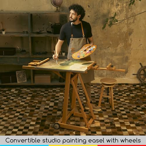 MEEDEN Versatile Studio H-Frame Easel - All Media Adjustable Beech Wood Studio Easel, Painting Floor Easel Stand, Movable and Tilting Flat Available, Holds Canvas Art up to 77" - style: Natural