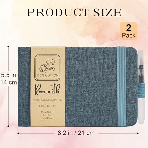 Watercolor Journal Sketchbook 2 Pack 5.5x8.2 Navy Blue | Cotton paper, 24 Sheets each, 140 LB 300 GSM, Linen cover, Tap Water Pen - color: Navy Blue, size: 5.5x 8.2 Inch 2 Pack