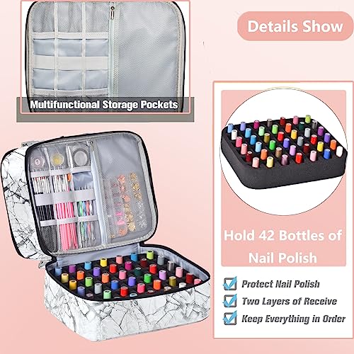 FCQQYWZ Nail Polish Organizer Case - Holds 42+ Bottles (15ml/0.5 fl.oz) and 1 Nail Lamp, Upgraded Double-layer Nail Polish Carrying Case Nail Storage Bag with Handles (White) - color: White-42Bottles