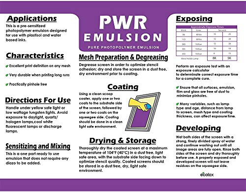 Ecotex® PWR Screen Printing Emulsion - Plastisol & Water Based Ink, 1 Gl | Premixed And Pre-Sensitized, Water Resistant Formula - Works With LED, DIY Halogen, Or UV Exposure Units - 1 Gallon - size: 128 Fl Oz (Pack of 1)