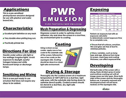 Ecotex® PWR Screen Printing Emulsion - Plastisol & Water Based Ink, 1 Gl | Premixed And Pre-Sensitized, Water Resistant Formula - Works With LED, DIY Halogen, Or UV Exposure Units - 1 Gallon - size: 128 Fl Oz (Pack of 1)