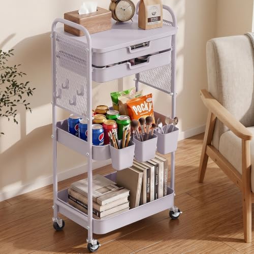 3 Tier Rolling Cart with 2 Drawers, Metal Utility Storage Carts with Wheels | Kitchen Rolling Cart 4.5" Deep Basket, Mesh Side Panel with 3 Cups, 4 Hooks for Office, Bedside, Craft Storage Cart - color: Dray Purple