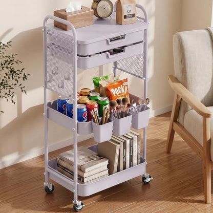 3 Tier Rolling Cart with 2 Drawers, Metal Utility Storage Carts with Wheels | Kitchen Rolling Cart 4.5" Deep Basket, Mesh Side Panel with 3 Cups, 4 Hooks for Office, Bedside, Craft Storage Cart - color: Dray Purple