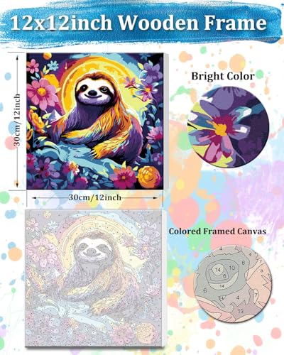 TOCARE Framed Paint by Numbers Kit for Adults Beginners,12x12inch Sloth Paint by Number with Frame,Flower Sloth Paint by Numbers Framed Canvas for Amimal Lover (Without Easel) - color: TC-F-294